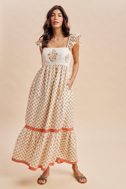 Coral Floral Embroidered Maternity Maxi Dress