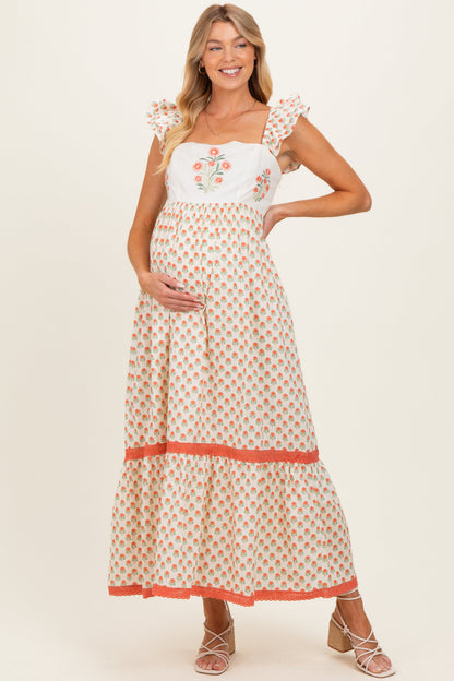 Coral Floral Embroidered Maternity Maxi Dress