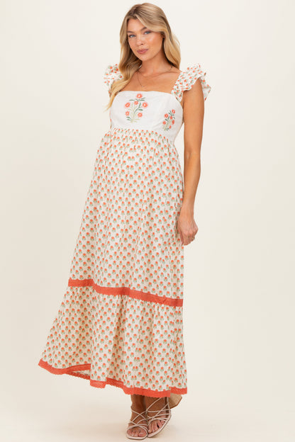 Coral Floral Embroidered Maternity Maxi Dress