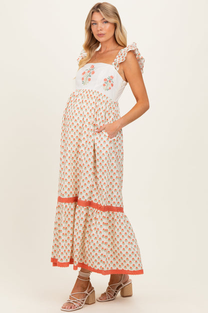 Coral Floral Embroidered Maternity Maxi Dress