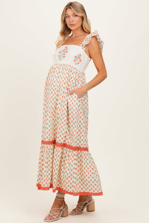 Coral Floral Embroidered Maternity Maxi Dress