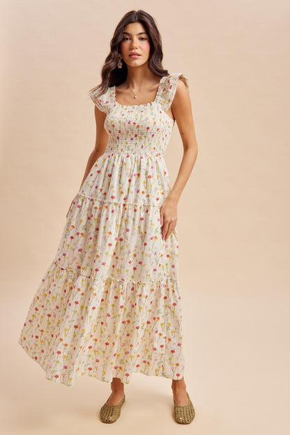 Cream Floral Smocked Maternity Maxi Dress
