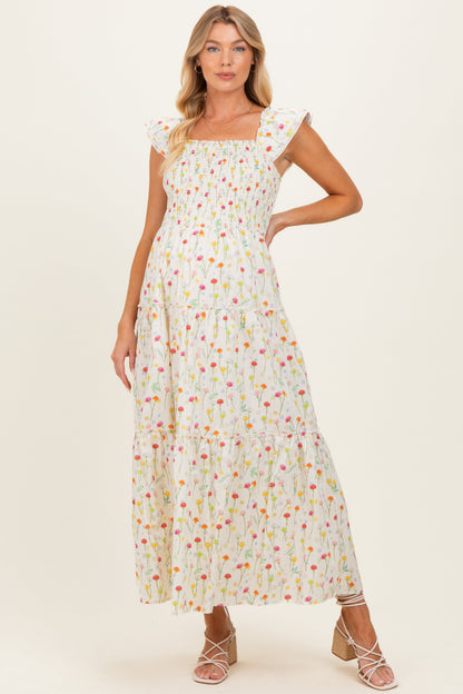 Cream Floral Smocked Maternity Maxi Dress