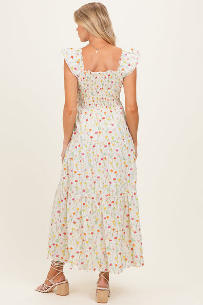 Cream Floral Smocked Maternity Maxi Dress
