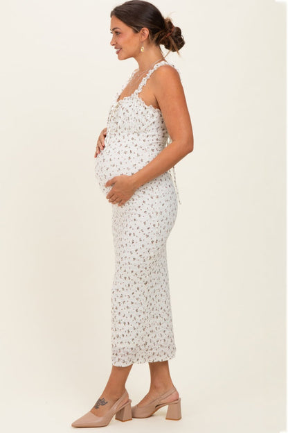 Ivory Floral Ruffle Strap Maternity Midi Dress