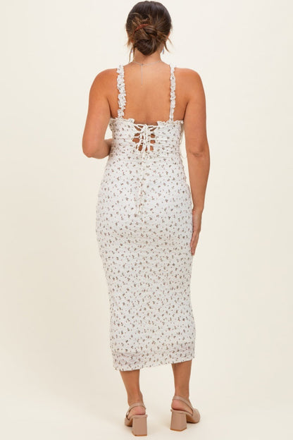 Ivory Floral Ruffle Strap Maternity Midi Dress