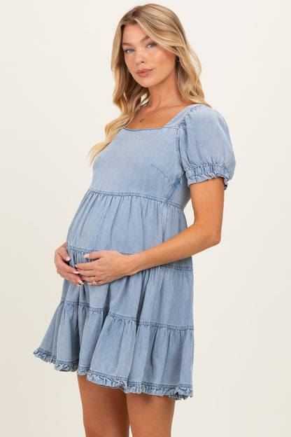 Light Blue Denim Washed Chambray Tiered Babydoll Maternity Mini Dress