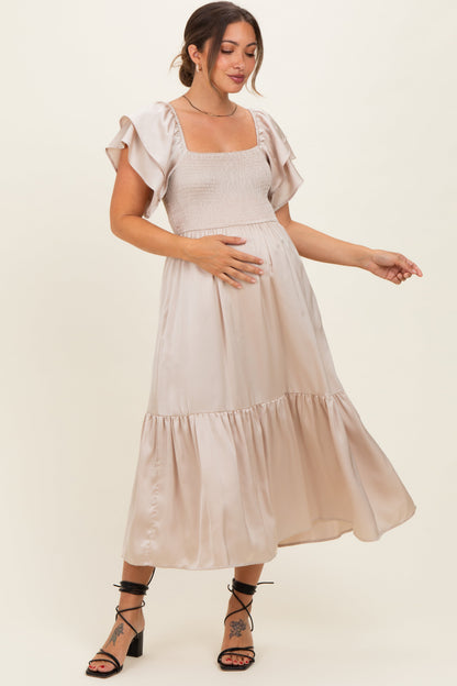 Champagne Satin Flutter Sleeve Maternity Midi Dress