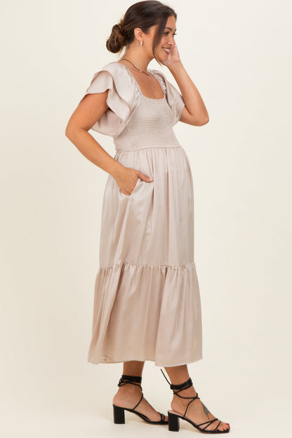 Champagne Satin Flutter Sleeve Maternity Midi Dress
