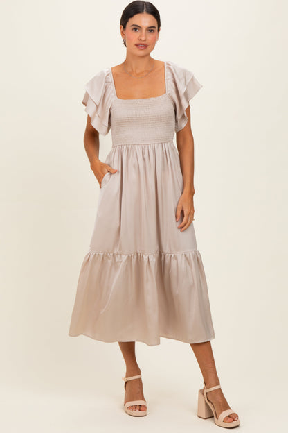 Champagne Satin Flutter Sleeve Maternity Midi Dress