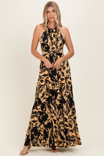 Black Floral Halter Cutout Open Back Maternity Maxi Dresses