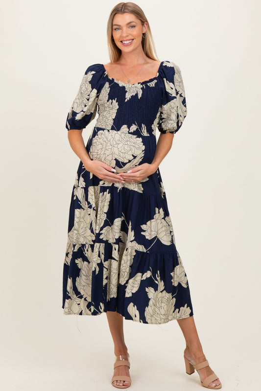 Navy Floral Cutout Tie Back Maternity Midi Dress