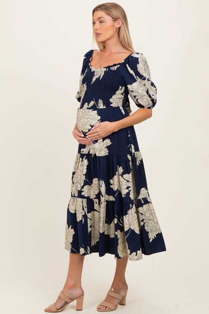 Navy Floral Cutout Tie Back Maternity Midi Dress