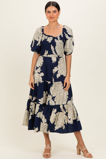 Navy Floral Cutout Tie Back Maternity Midi Dress