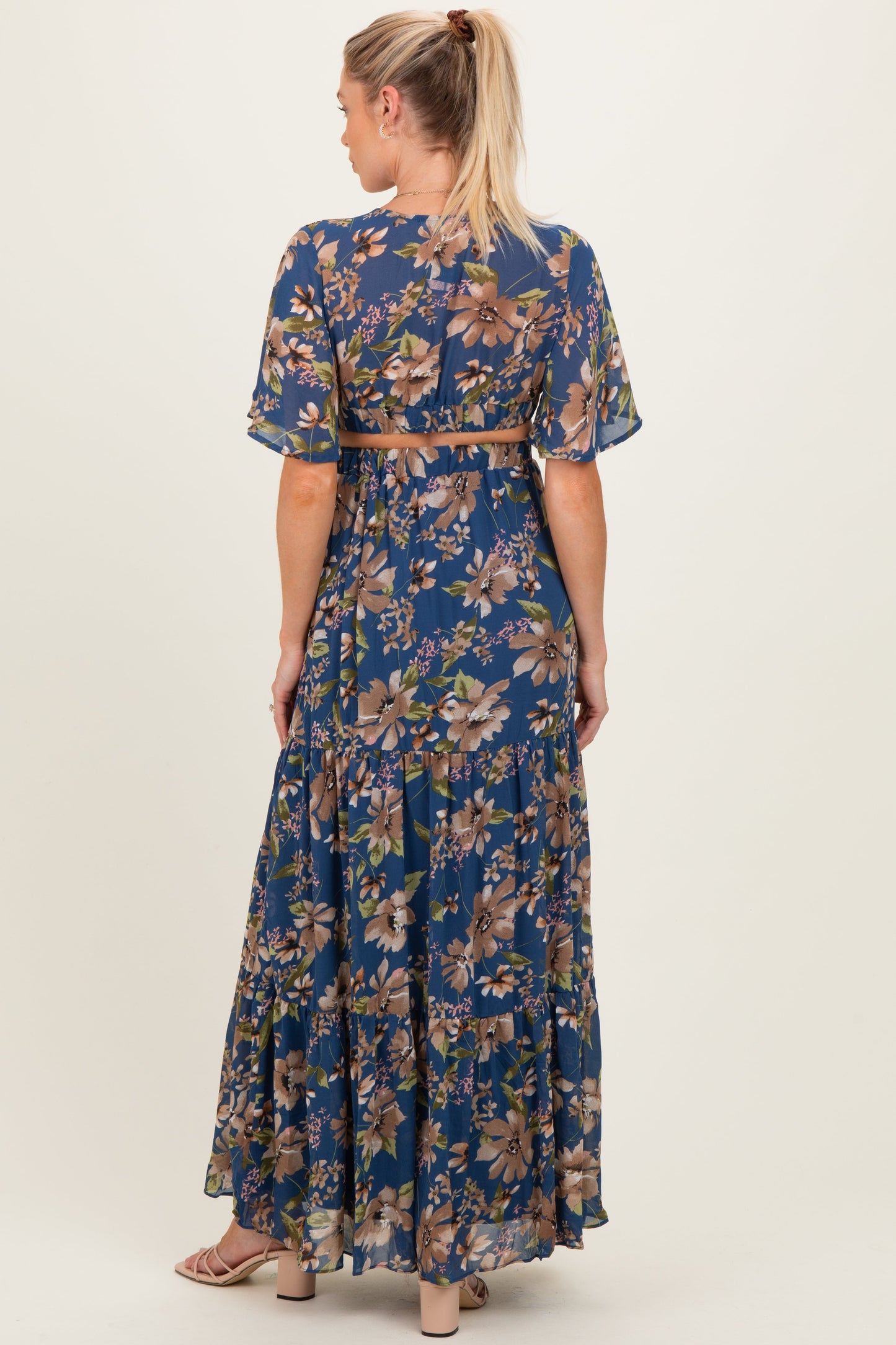 Navy Floral Deep V-Neck Cutout Maternity Maxi Dress