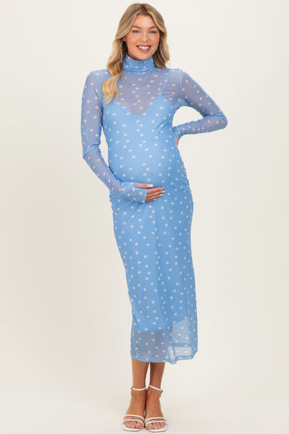 Light Blue Polka Dot Mesh Overlay Maternity Midi Dress