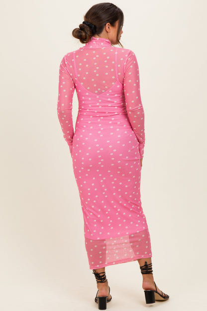 Pink Polka Dot Mesh Overlay Maternity Midi Dress