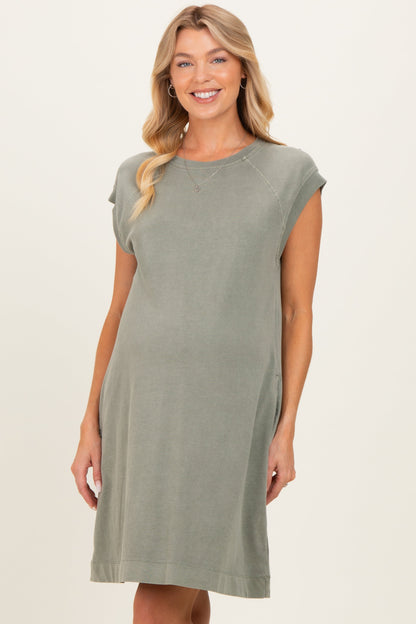 Olive Garment Washed Casual Capped Sleeve Maternity Dress