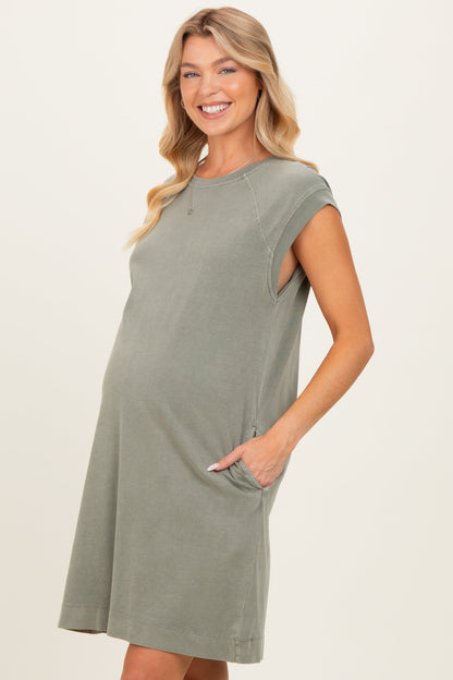 Olive Garment Washed Casual Capped Sleeve Maternity Dress
