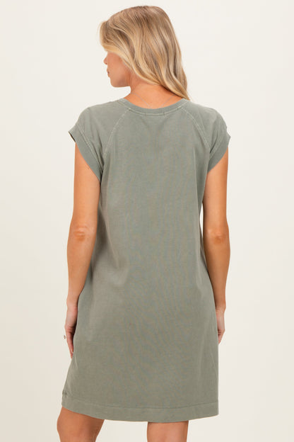 Olive Garment Washed Casual Capped Sleeve Maternity Dress