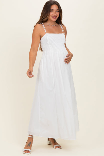 White Cotton Pintuck Tie Strap Maternity Maxi Dress