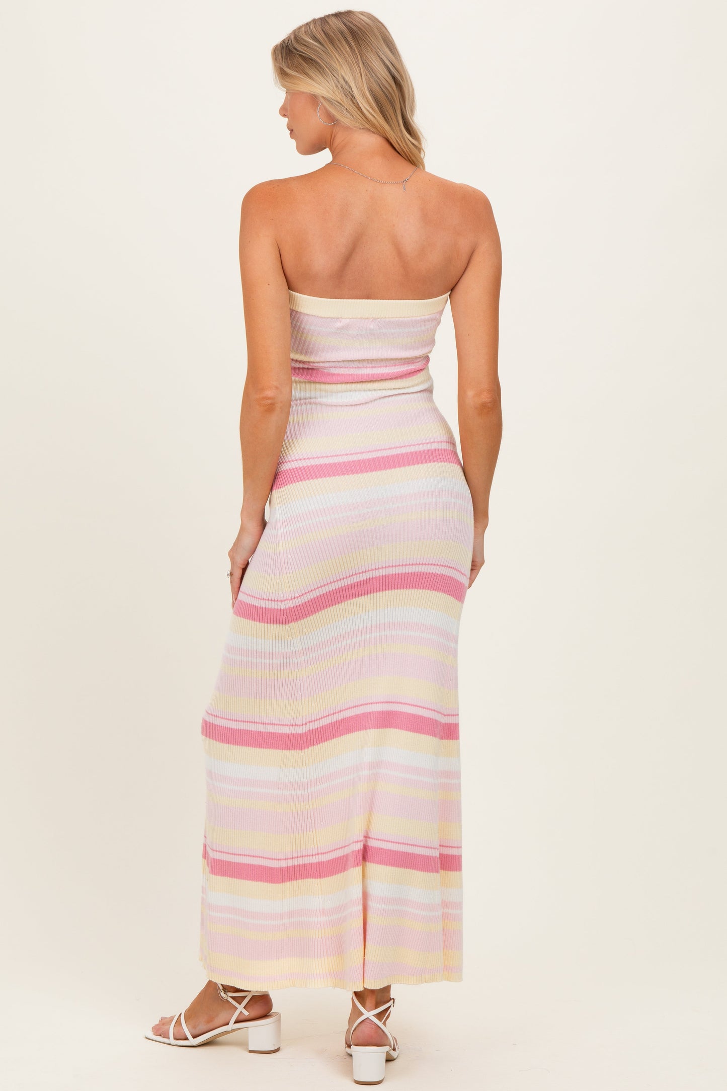 Pink Multi Striped Strapless Flare Maternity Maxi Dress