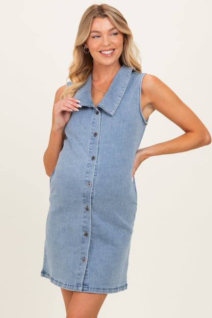 Denim Button Down Maternity Mini Shirt Dress