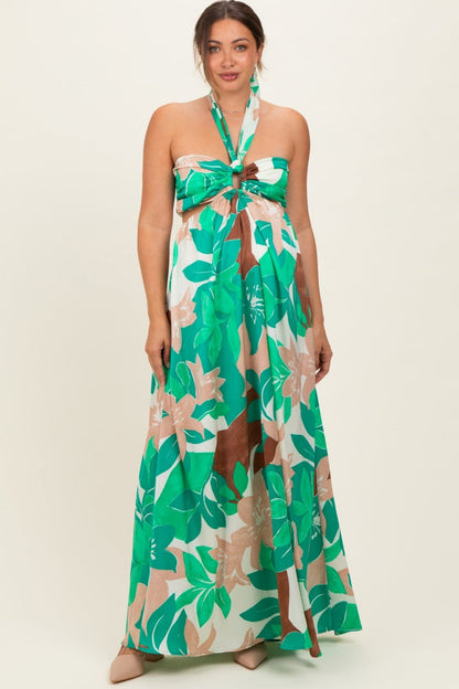 Green Floral Halter Cut Out Maternity Maxi Dress