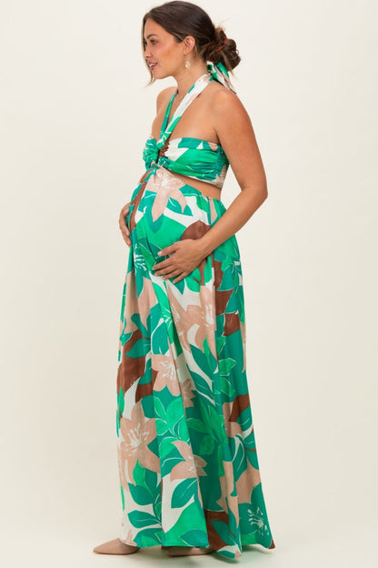 Green Floral Halter Cut Out Maternity Maxi Dress