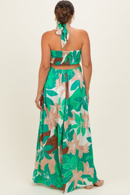 Green Floral Halter Cut Out Maternity Maxi Dress