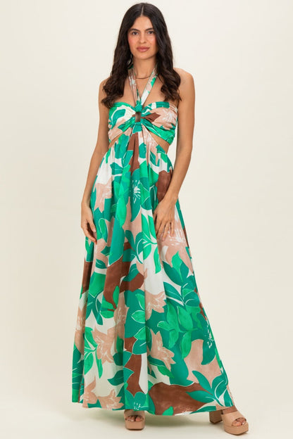 Green Floral Halter Cut Out Maternity Maxi Dress