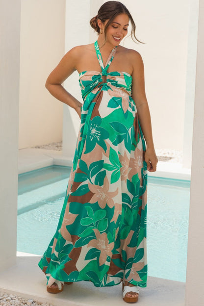 Green Floral Halter Cut Out Maternity Maxi Dress