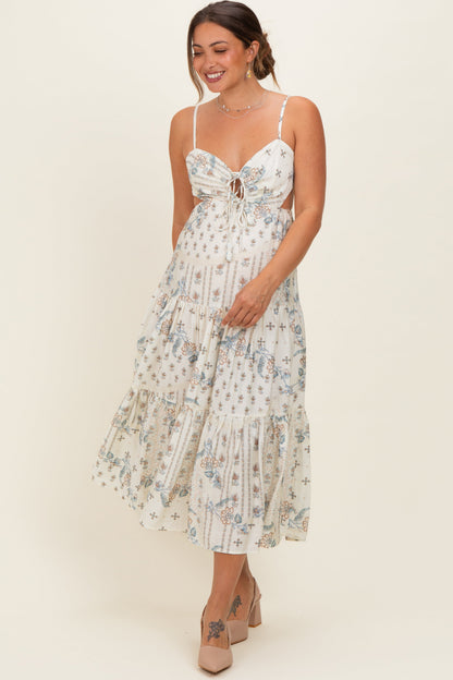 Ivory Floral Tiered Front Tie Maternity Midi Dress