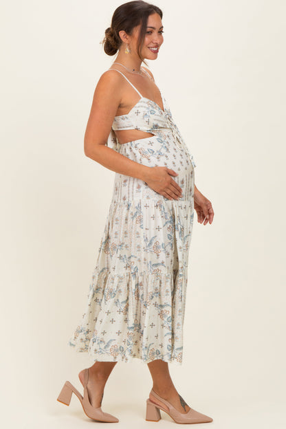 Ivory Floral Tiered Front Tie Maternity Midi Dress