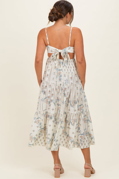 Ivory Floral Tiered Front Tie Maternity Midi Dress