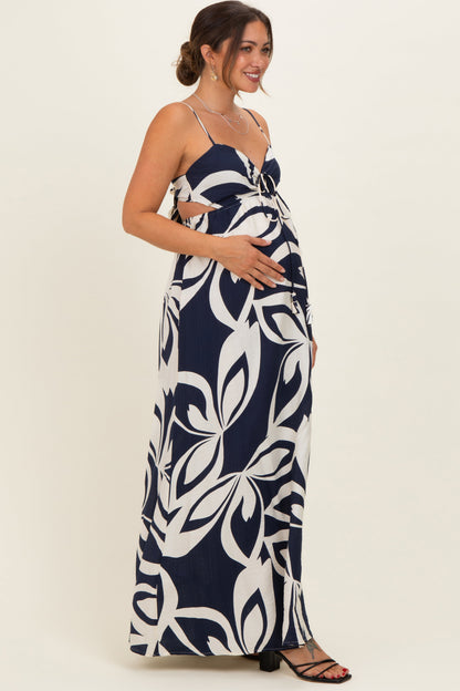 Navy Floral Cutout Halter Maternity Maxi Dress