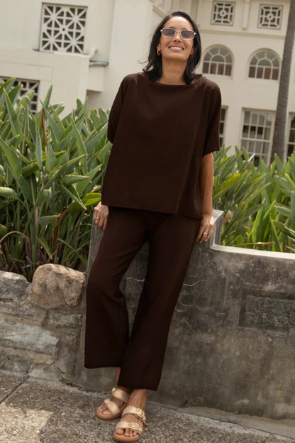 Gemma Short Sleeve Round Neck Top Chocolate Brown