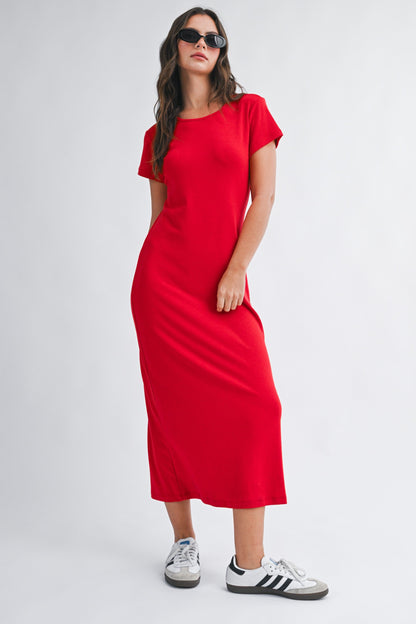 Red Basic Crewneck Maternity Midi Dress