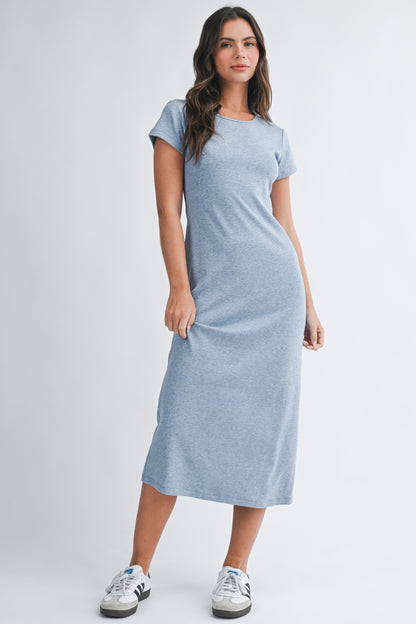 Blue Basic Crewneck Maternity Midi Dress
