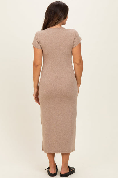 Light Brown Basic Crewneck Maternity Midi Dress