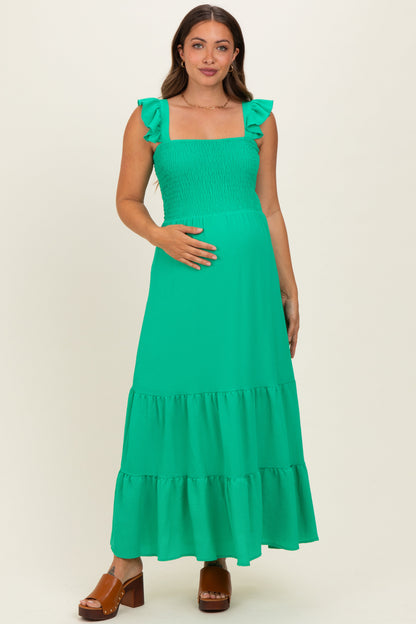 Green Ruffle Strap Smocked Maternity Maxi Dress