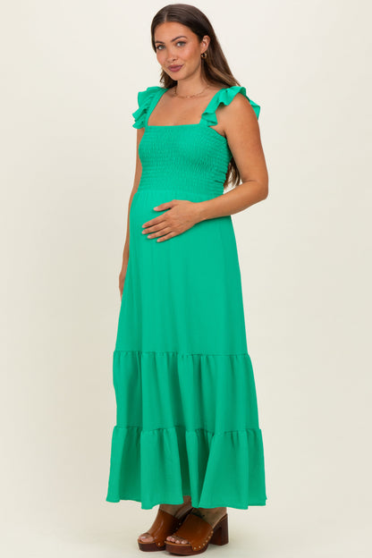 Green Ruffle Strap Smocked Maternity Maxi Dress