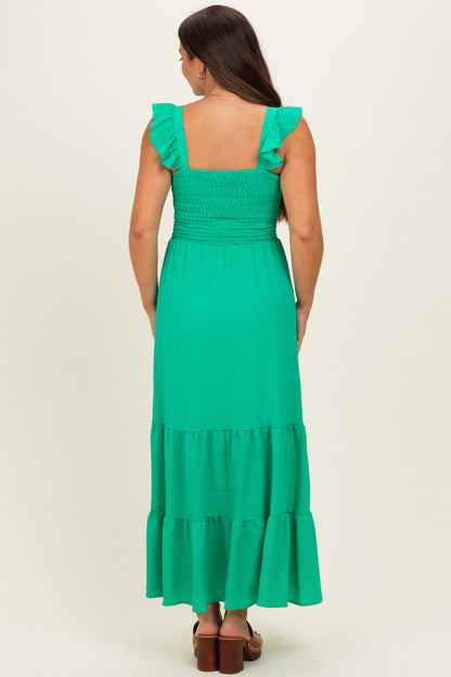 Green Ruffle Strap Smocked Maternity Maxi Dress