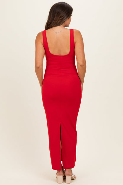 Red Low Back Square Neck Maternity Maxi Dress