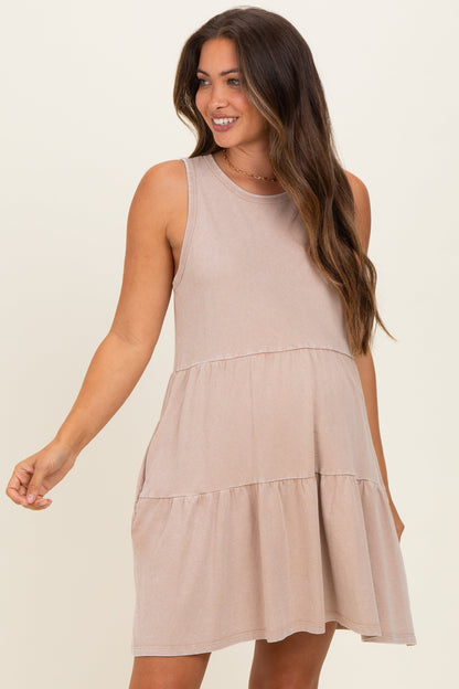 Dark Taupe Sleeveless Crewneck Tiered Maternity Mini Dress