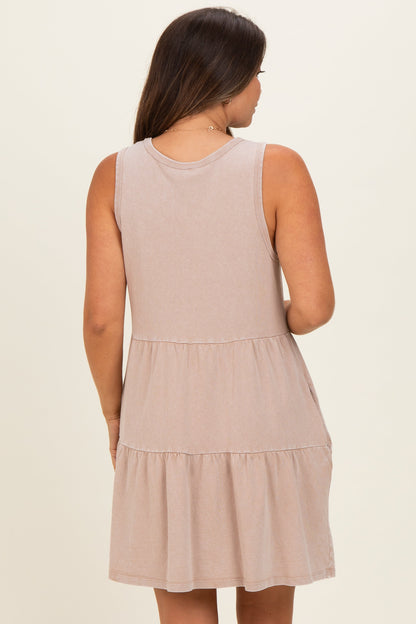 Dark Taupe Sleeveless Crewneck Tiered Maternity Mini Dress