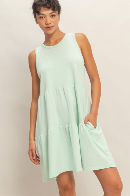 Mint Sleeveless Crewneck Tiered Maternity Mini Dress