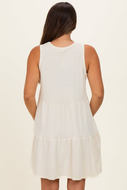 Cream Sleeveless Crewneck Tiered Maternity Mini Dress