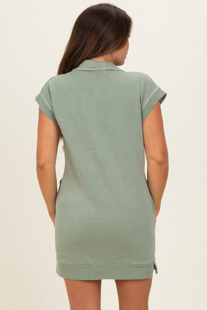 Sage Green Half Zip Up Mock Neck Maternity Mini Dress