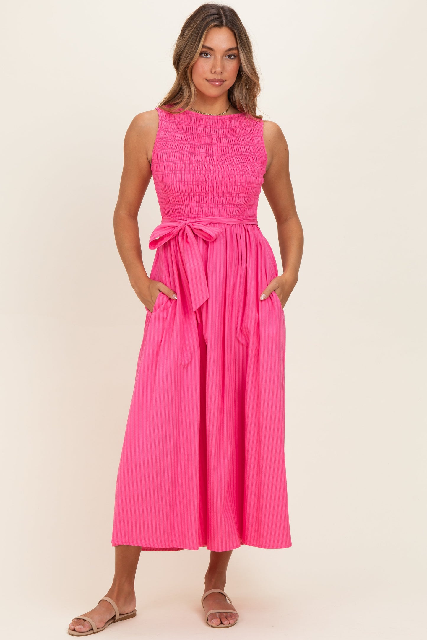 Pink Textured Tie Maternity Midi Dress